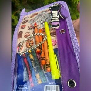 Purple Pouch, scratch n sniff + sparkle stickers, bracelet, keychain, & crayons